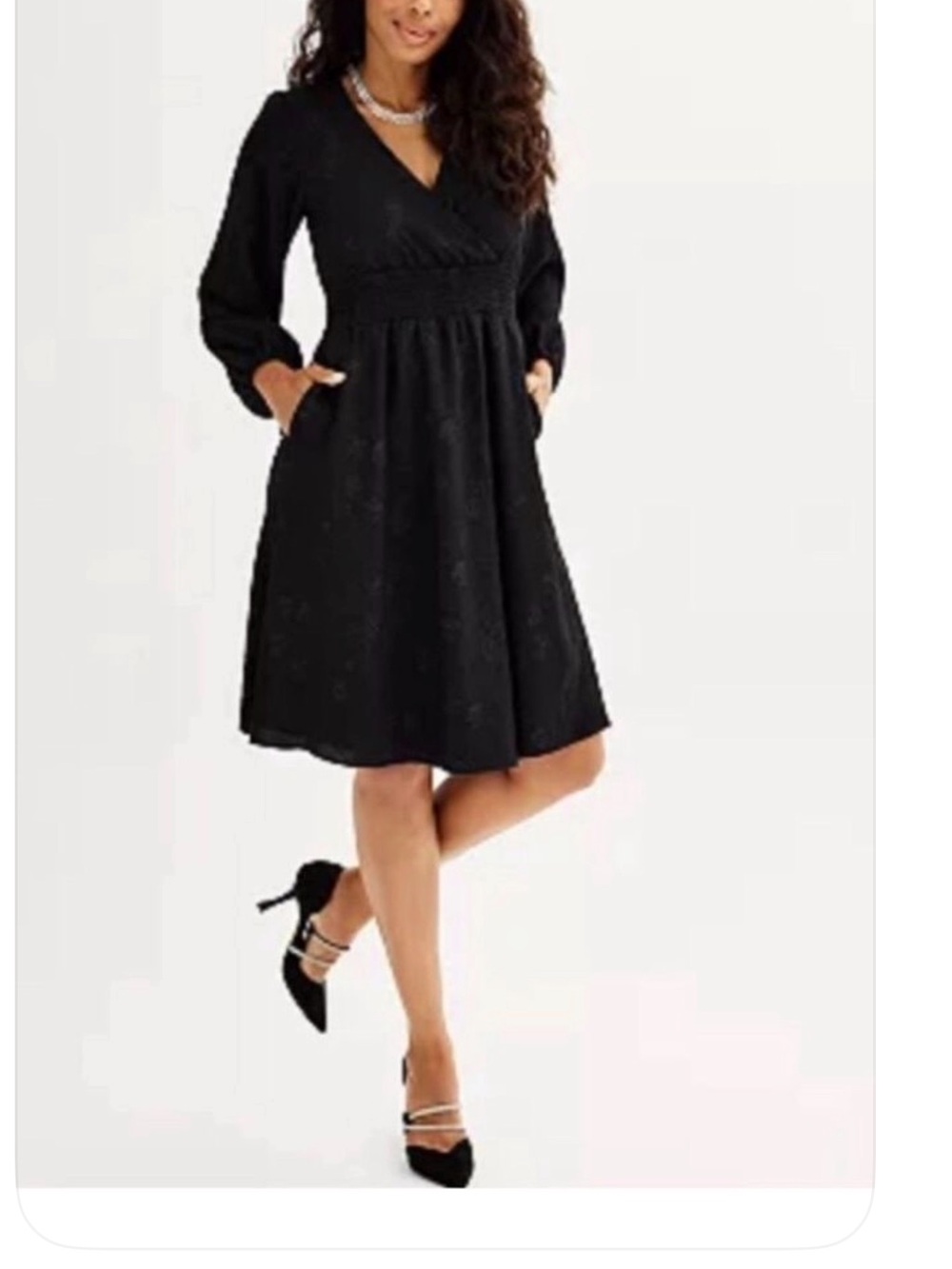 Draper James Black Long-Sleeve V-Neck A-Line Dress with Pockets